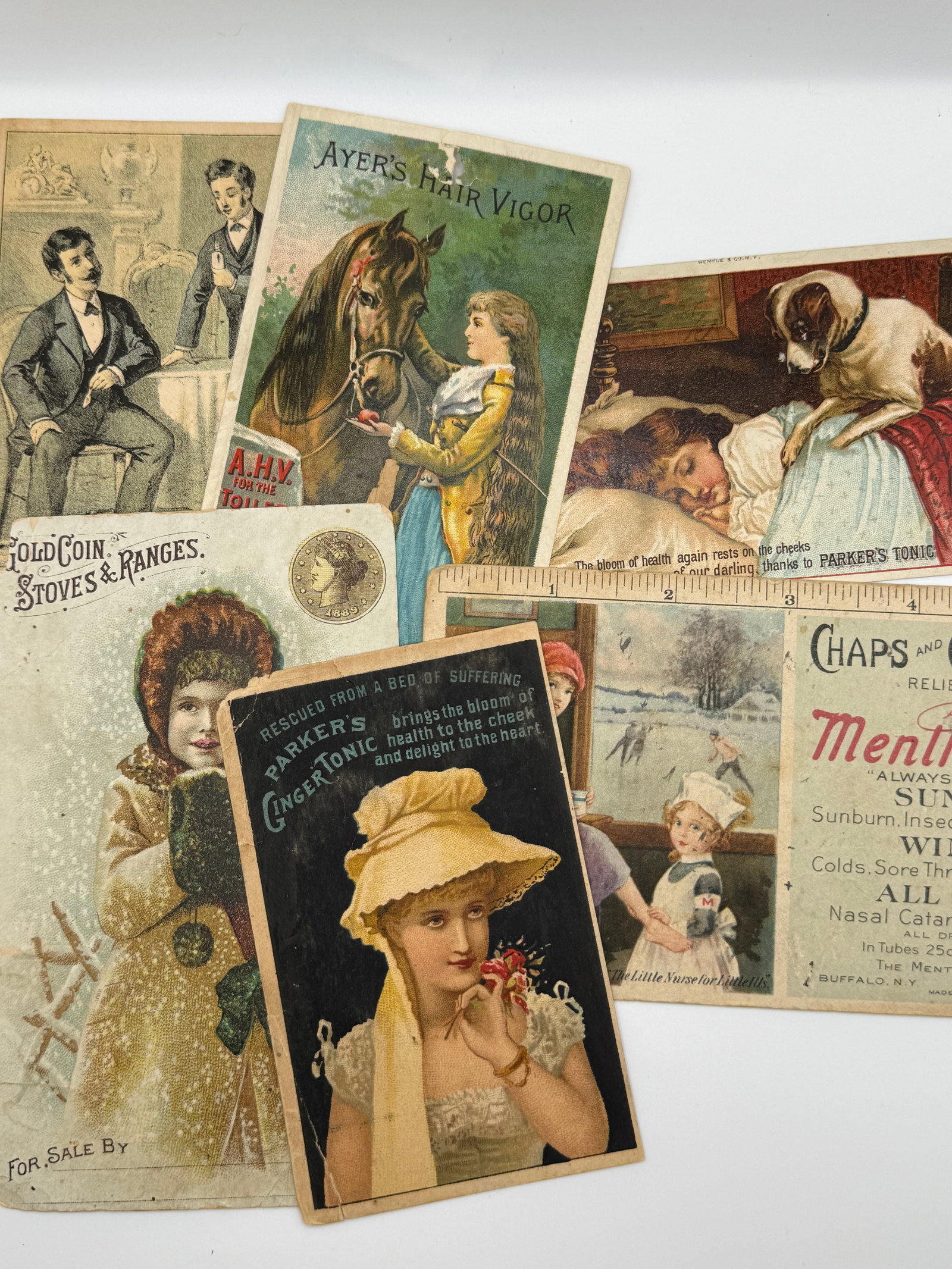 6 Antique Victorian Trade Cards Ayer’s Hair Vigor Parker’s Tonic Advertising Lot (1 of 5)