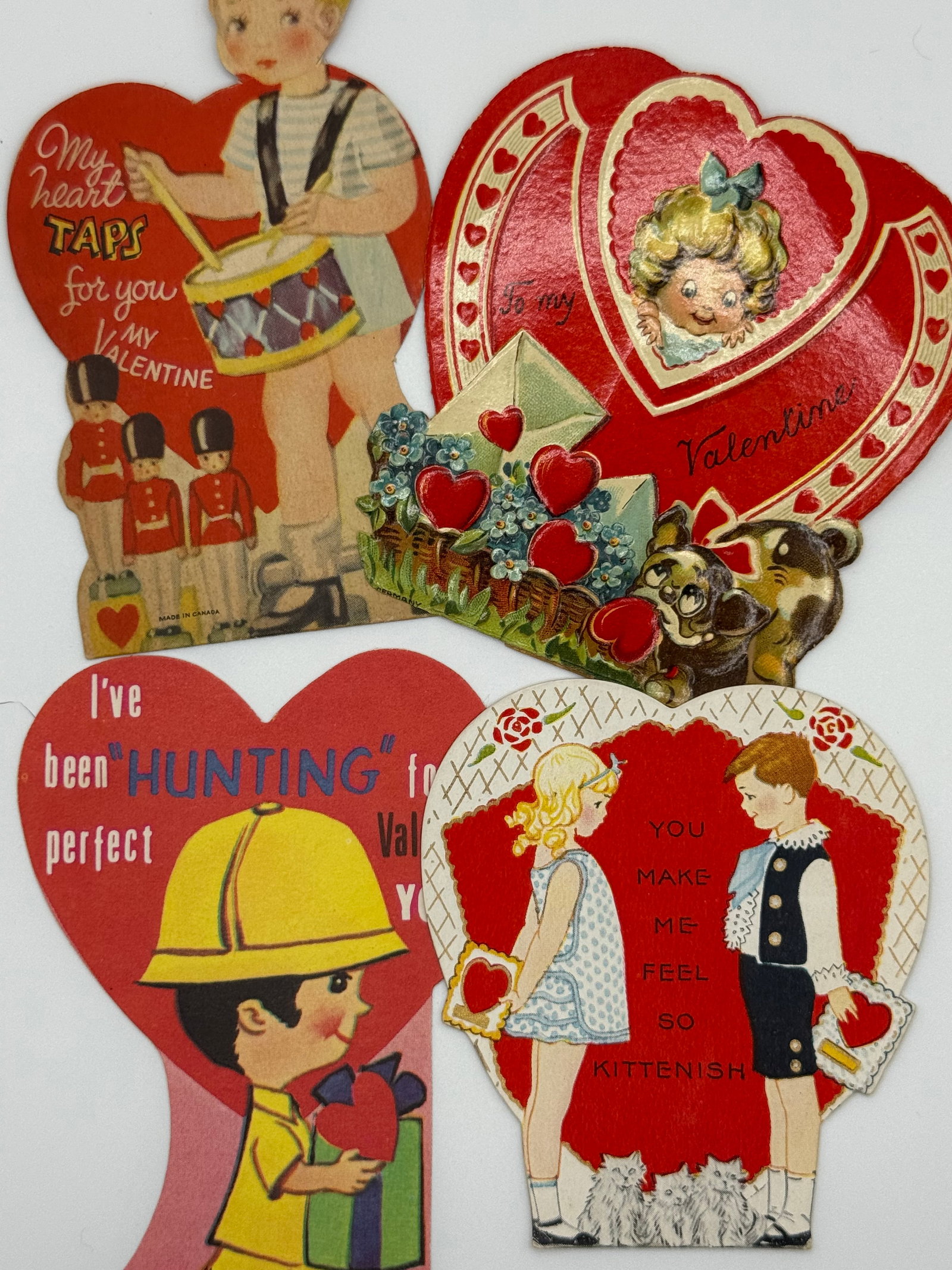 5 Vintage Valentine Cards Die Cut Embossed Kids Drum Hunting Kittens Mid Century (1 of 5)