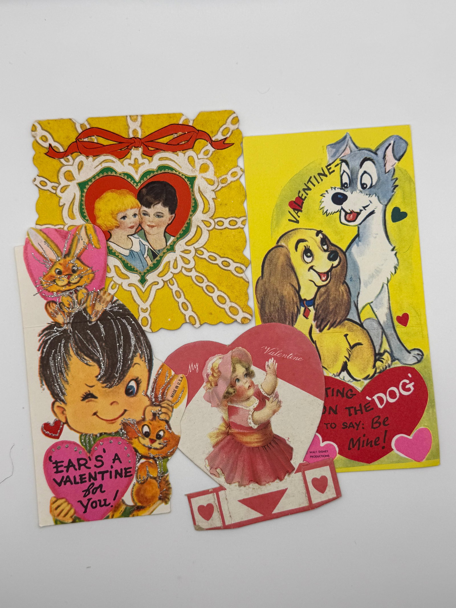4 Vintage Valentine Cards Die Cut Disney Dog Bunny Child Mid Century (1 of 5)