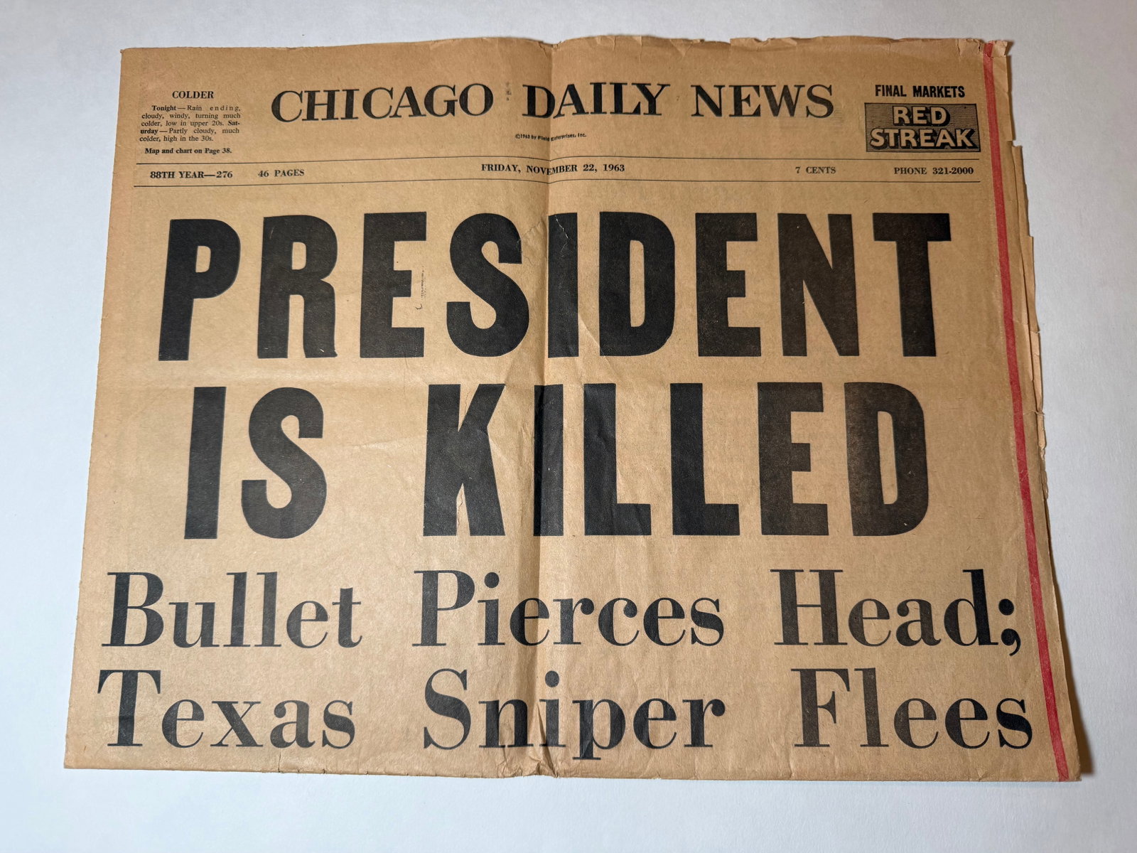 1963 Chicago Daily News JFK Assassination Newspaper President Is Killed Headline (1 of 3)