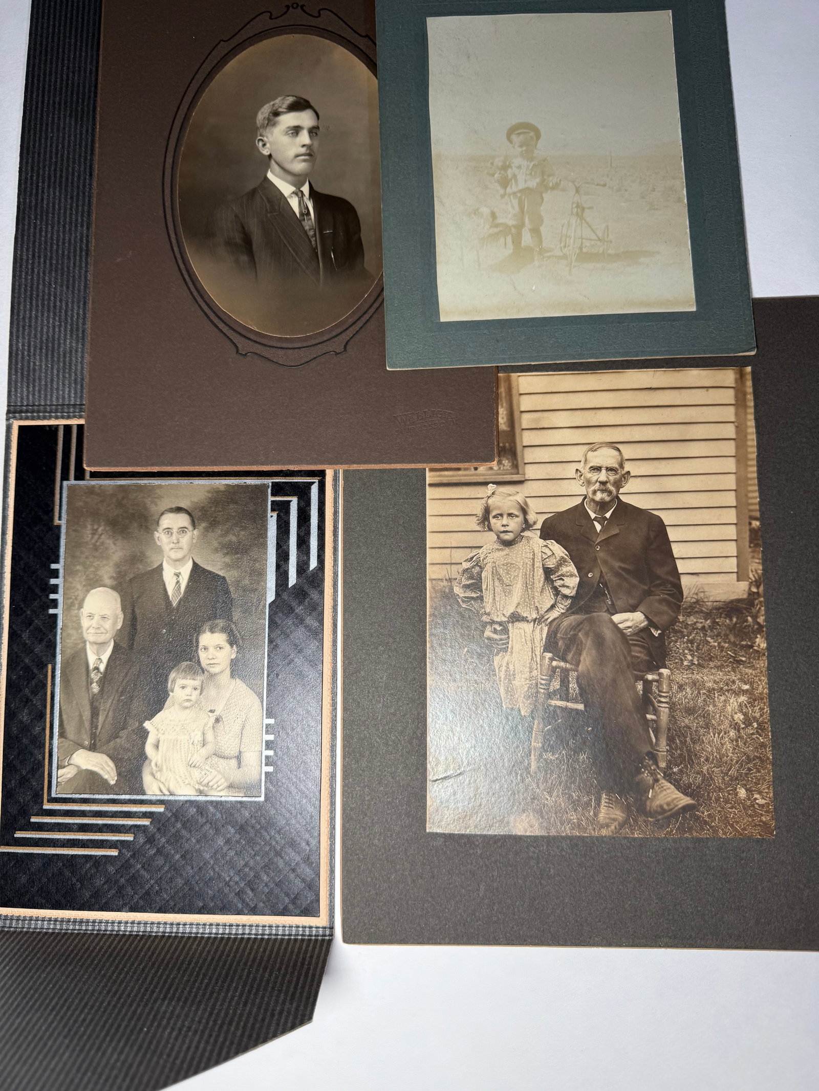 Antique Cabinet Card & Photograph Lot – Family Portraits, Child Snapshot & Studio Images: Group of four antique photographs, combining formal studio portraits and early snapshot imagery.Includes:Oval-mounted studio portrait of a young man in suit and tieOutdoor snapshot of a child with a t