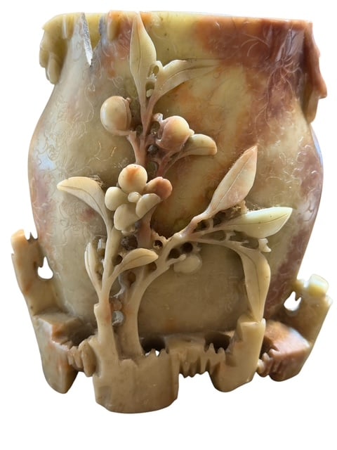 Chinese Carved Soapstone Vase Floral Relief Pierced Stone Vase 6” (1 of 8)