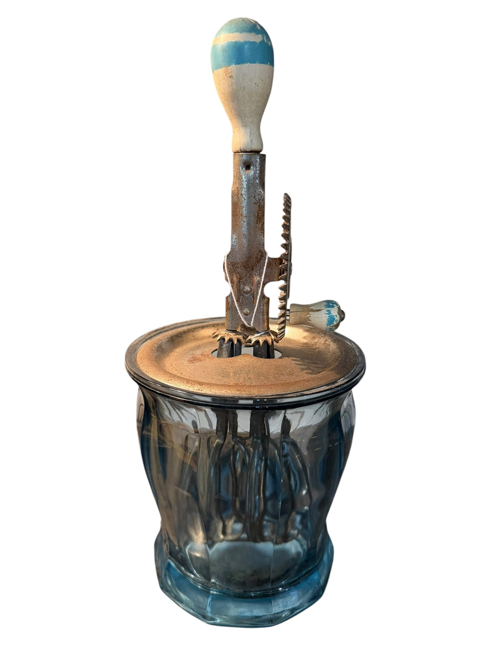 Vintage Hand Crank Food Chopper Blue Glass Jar Manual Mixer Egg Beater Kitchen Tool (1 of 7)