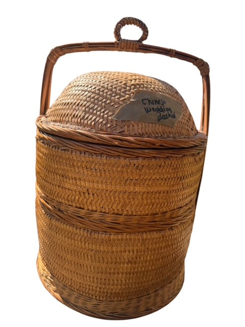 Chinese Wedding Basket Woven Bamboo Tiered Food Carrier Lidded Handle (1 of 5)