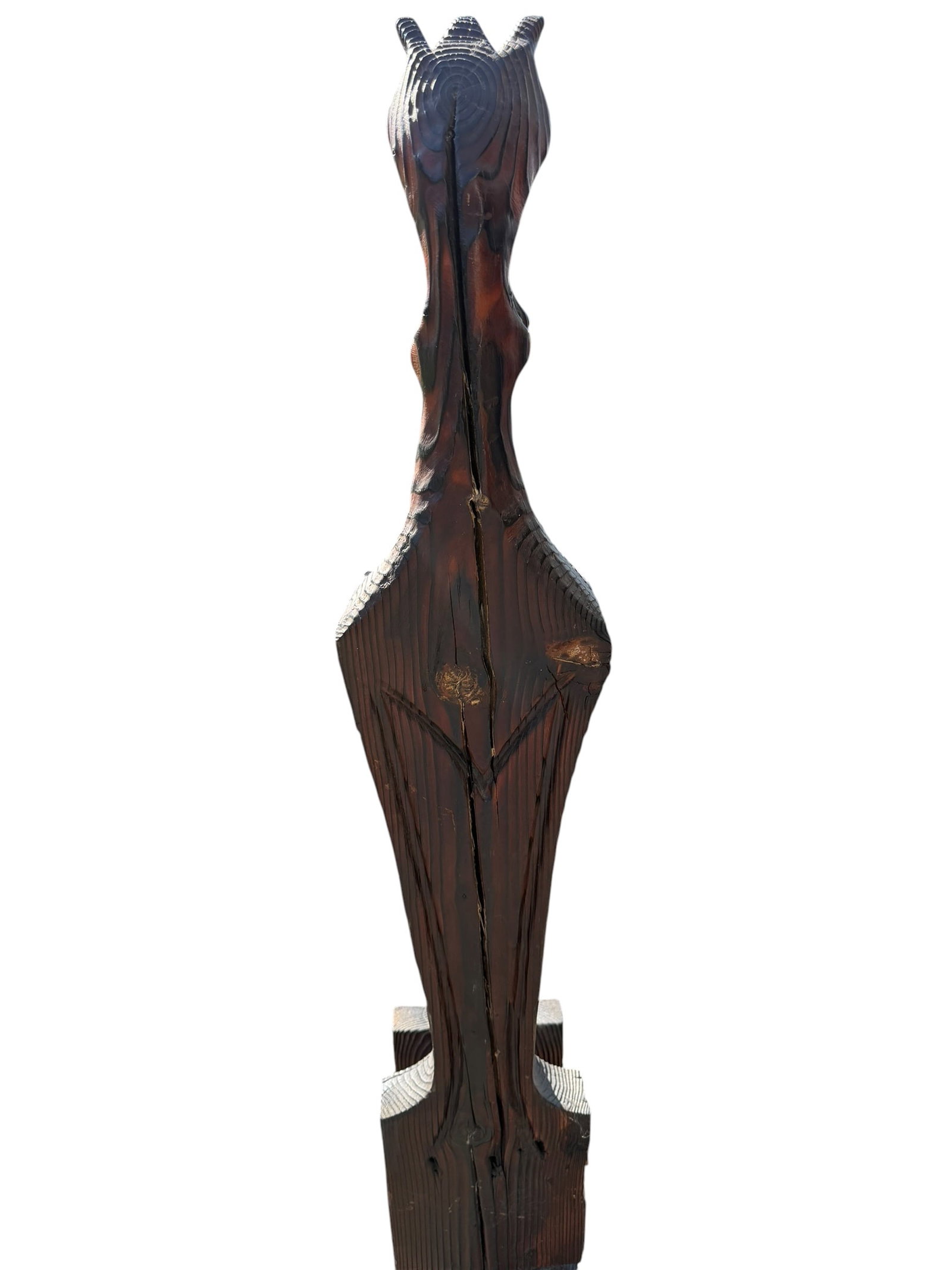 Mid-Century Witco Carved Redwood Horse Head Sculpture / Fireplace Tool Stand: Mid-century modern carved redwood sculpture in the manner of Witco, featuring an abstract horse head form with deeply carved grain and characteristic burnt finish.Likely produced in California during