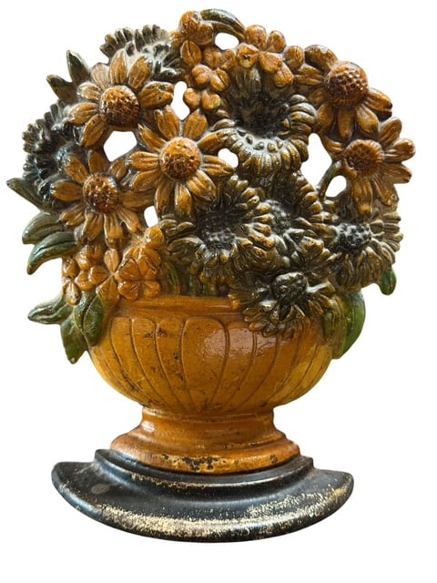 Antique Hubley Cast Iron Floral Basket Doorstop – Painted Sunflower Design (1 of 4)