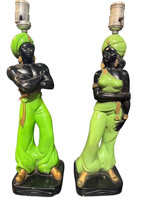 Vintage Chalkware Black Americana Figural Lamp Pair Green Outfit Man Woman 18” (1 of 7)