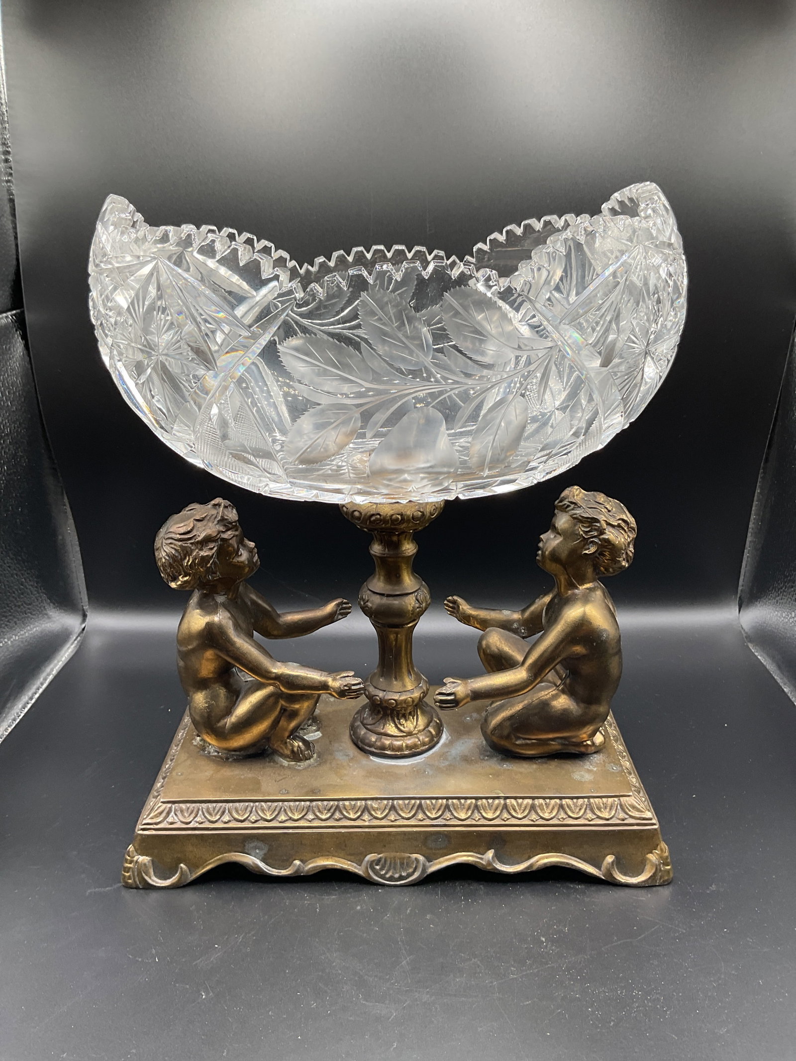 Antique Cut Crystal Centerpiece Bowl with Cherub Figural Bronze-Tone Base (1 of 4)