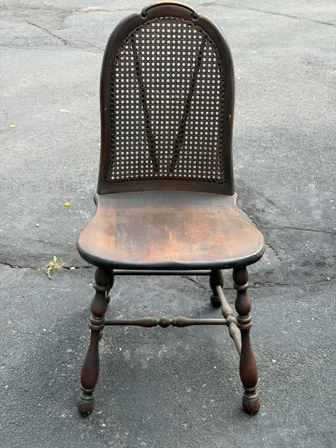 1920's Antique Sikes Chair Company Buffalo NY Cane Back Side Chair w Label: Antique cane back side chair by Sikes Chair Company of Buffalo, New York, retaining original manufacturer label beneath seat. Features a shaped crest rail, woven cane back panel, solid wood saddle-for