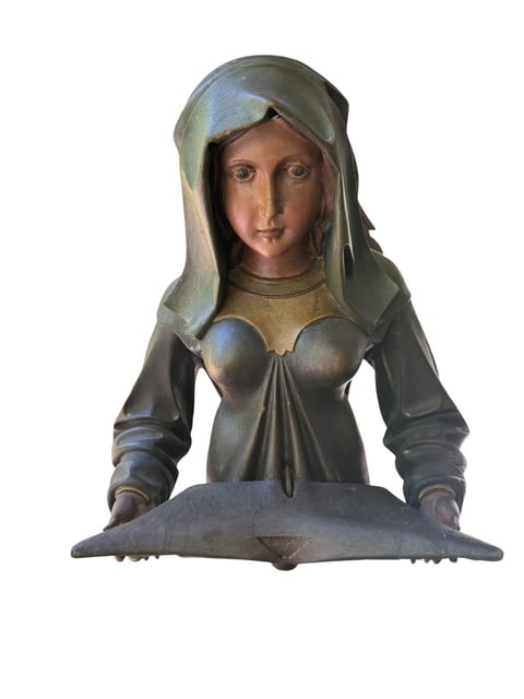 Black Forest Lustermanchen Carved Hooded Maiden Antler Chandelier Figure: Large hand-carved Black Forest style Lustermanchen hanging chandelier figure depicting a hooded maiden holding an open book, suspended beneath carved floral-form arms with natural antler elements. Exe