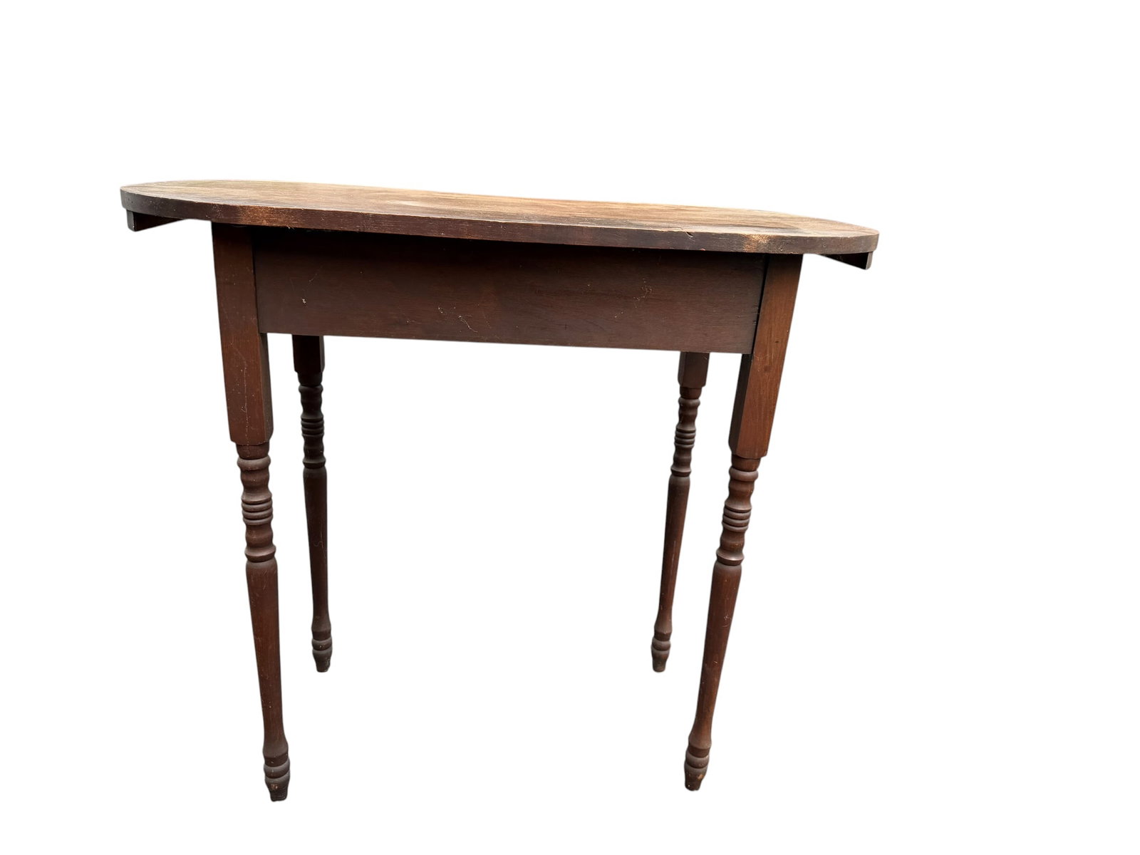 Late 1800s Antique Kidney Form One Drawer Tavern Table: Antique solid wood tavern or side table featuring a distinctive kidney-form top, single center drawer, and slender turned legs. Simple early American styling with warm aged patina and clean understate