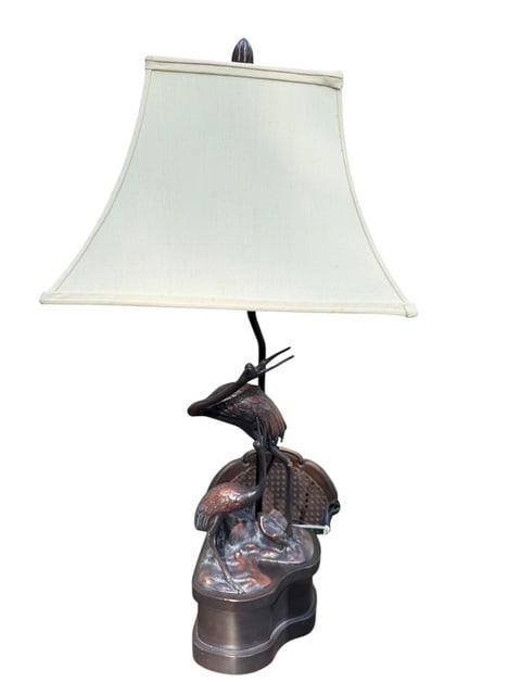 Pair Theodore Alexander Meiji Crane Heron Table Lamps Set Of 2 Bronze Original: Exceptional original Theodore Alexander “Meiji Cranes” table lamps, set of 2 pair featuring two sculptural cranes in a richly patinated bronze-tone finish. A high-end designer piece inspired b