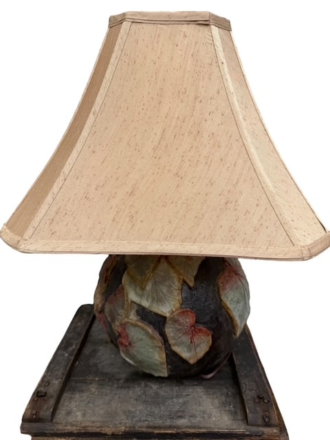 Bernard Rooke Studio Pottery Concrete Lamp Organic Ivy Leaf Brutalist Table Lamp: Vintage Bernard Rooke style studio pottery table lamp featuring a heavily textured spherical body decorated with dimensional ivy leaves in muted earth tones. Executed in the Brutalist organic aestheti