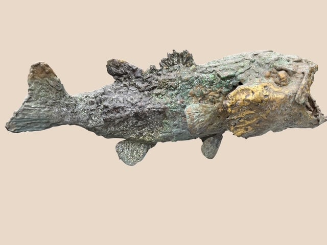 Estate Brutalist Bronze Koi Fish Fountain Sculpture With Verdigris Patina: Striking vintage Brutalist-style bronze fountain sculpture depicting a highly textured koi or fantasy fish form with dramatic open mouth and layered internal gill details. This substantial handmade pi