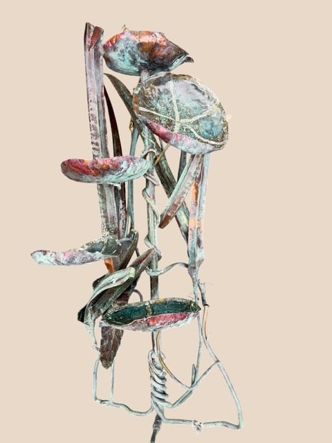 Vintage Copper & Bronze Lily Pad Fountain Sculpture Set – Dragonfly, Cattail & Basin Garden Water: Beautiful vintage handcrafted copper and bronze fountain sculpture grouping featuring stylized lily pads, cattails, reeds, and a dragonfly accent. This artistic garden water feature includes multiple 