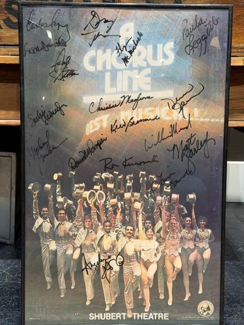 Original Signed “A Chorus Line” Broadway Poster – Shubert Theatre Cast Autographs, Tony: Exceptional original framed “A Chorus Line” Broadway theatre poster featuring numerous cast autographs from the legendary Tony Award-winning musical. This vintage theatre memorabilia piece com