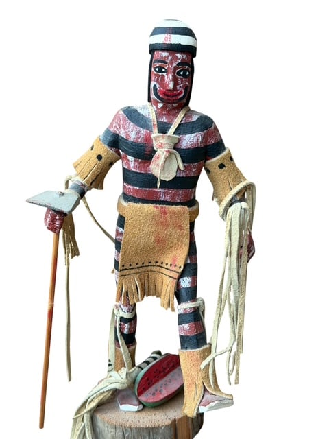 Vintage Hopi Kachina Doll Figure – Hand Carved & Painted Native American Katsina Sculpture: Vintage hand-carved and hand-painted Native American style Kachina (Katsina) doll depicting a ceremonial figure with traditional striped body decoration, painted facial features, leather fringe accent