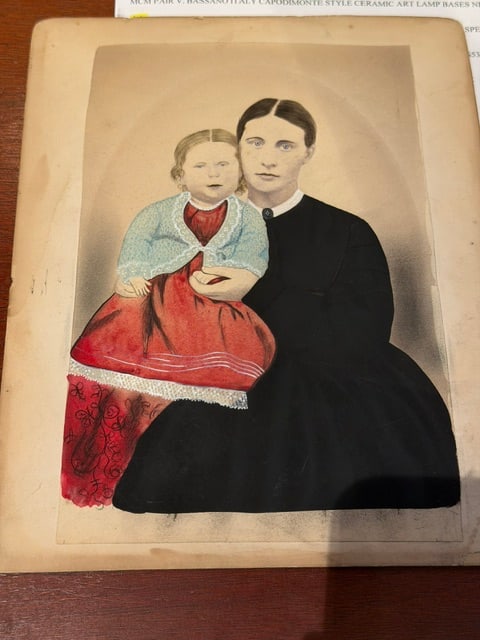 Antique 1864 American Folk Art Portrait Mother & Child Primitive Watercolor Drawing: Exceptional mid-19th century American folk art portrait depicting a seated mother holding her young daughter, rendered in a traditional primitive style with delicate hand-coloring and expressive facia