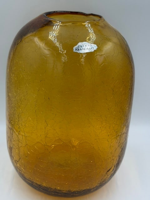 Large Blenko Handcraft Crackle Glass Vase in Amber Honey Tone: Striking vintage Blenko Handcraft art glass vase featuring a rich amber honey coloration and dramatic allover crackle glass texture. Hand-blown with an organic cylindrical form and softly irregular ri