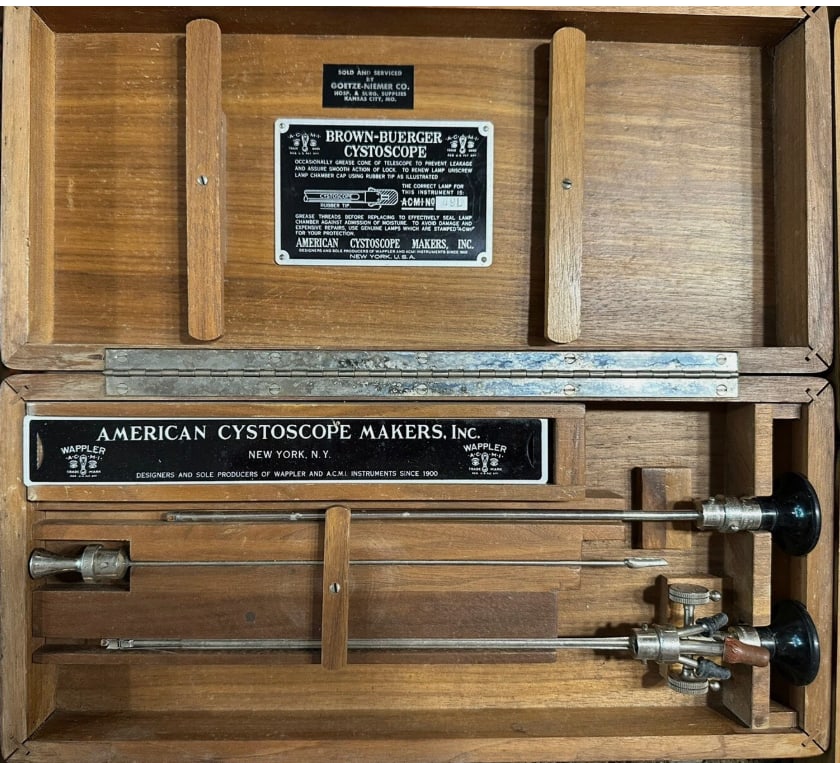 Vintage Brown-Buerger Cystoscope Medical Instrument Set by American Cystoscope Makers, Inc: Authentic early-to-mid 20th century Brown-Buerger cystoscope medical instrument set manufactured by American Cystoscope Makers, Inc. of New York, housed in its original fitted wooden presentation case