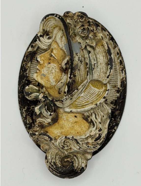 Antique Hubley No. 616 Cast Iron Lady Bust Door Knocker / Architectural Doorbell Plaque: Authentic antique Hubley Manufacturing Company cast iron architectural door knocker or doorbell backplate featuring an elegant Art Nouveau style lady bust in profile. This highly decorative piece disp