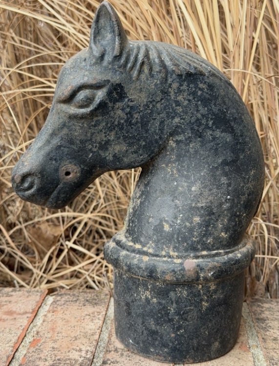 19th Century Cast Iron Horse Head Hitching Post Finial Antique Stable Post Top: Authentic 19th century cast iron horse head hitching post finial featuring a beautifully sculpted equine head with flowing mane and strong architectural form. Originally mounted atop a hitching post o