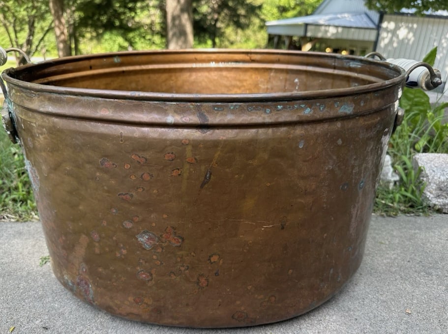 Antique Large Hammered Copper Pot Cachepot Jardinière w/ Hand Painted Ceramic Handles (1 of 6)