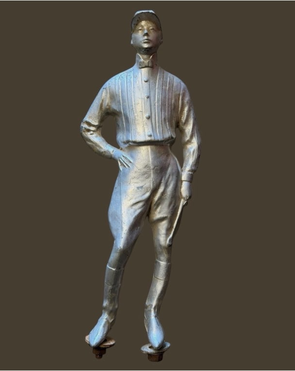 Antique Cast Metal Jockey Figure Possible Weathervane Mount Architectural Equestrian Finial: Rare antique cast metal jockey or equestrian figure believed to have originally served as part of a weathervane, rooftop ornament, or architectural finial assembly. This finely detailed figure depicts