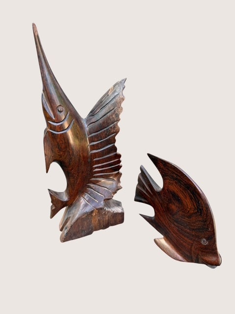 Vintage Hand Carved Ironwood Fish Sculptures Marlin & Angelfish Tropical Wood Art Pair (1 of 5)