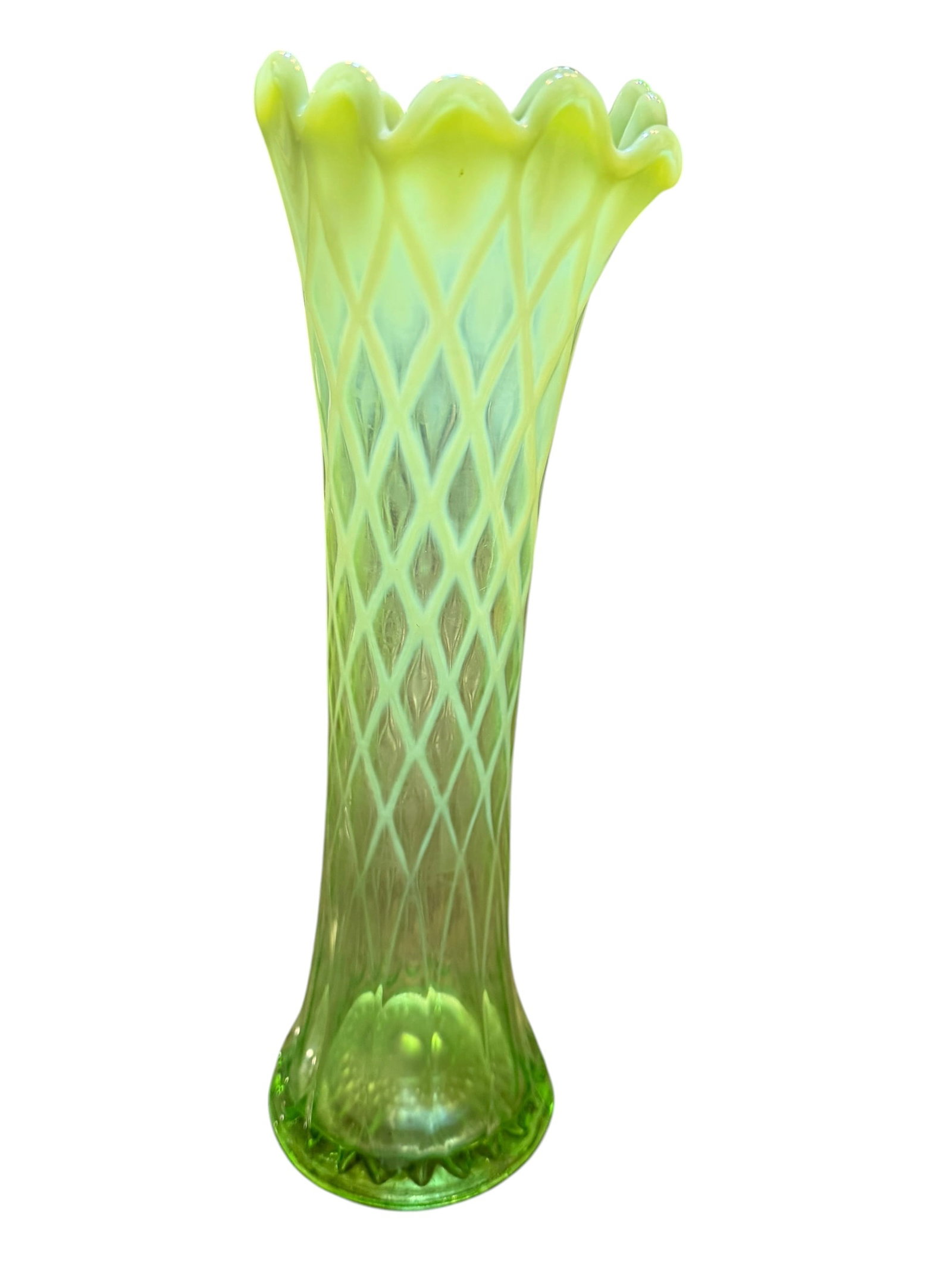 Northwood Green Opalescent Diamond Quilt Art Glass Vase, Crimped Rim, c. 1905 (1 of 4)