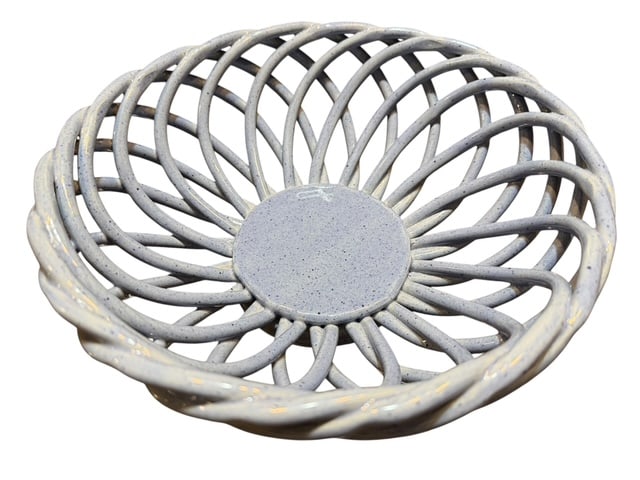 Large Handcrafted Blue Gray Studio Pottery Openwork Lattice Fruit Basket Bowl (1 of 4)