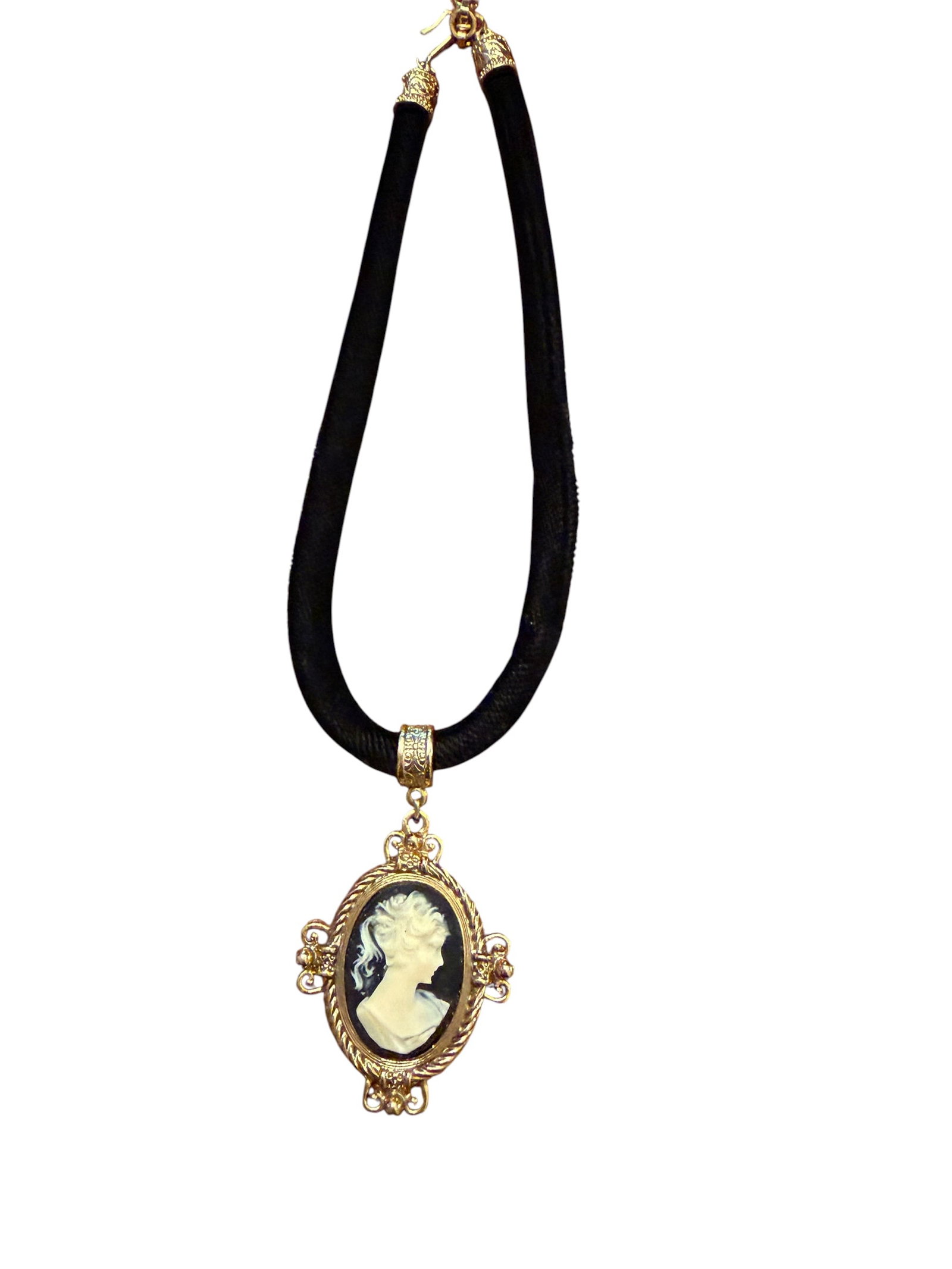 Victorian Revival Cameo Pendant Necklace on Black Cord, Gold-Tone Mount (1 of 4)