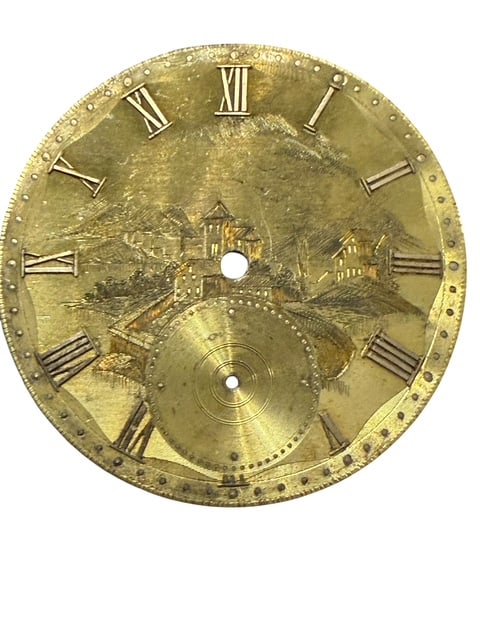 Antique Engraved 10K Gold Pocket Watch Dial Cover, Scenic Village Landscape (1 of 4)