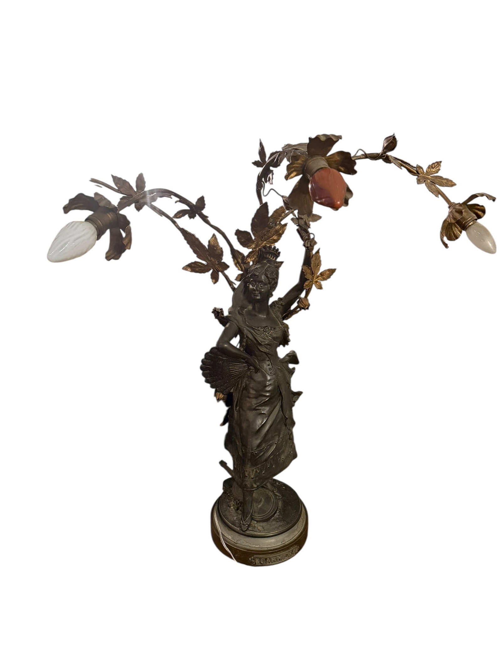 Art Nouveau Figural Bronze-Tone Table Lamp After L. Villanis with Floral Arms & Art Glass Shades (1 of 7)