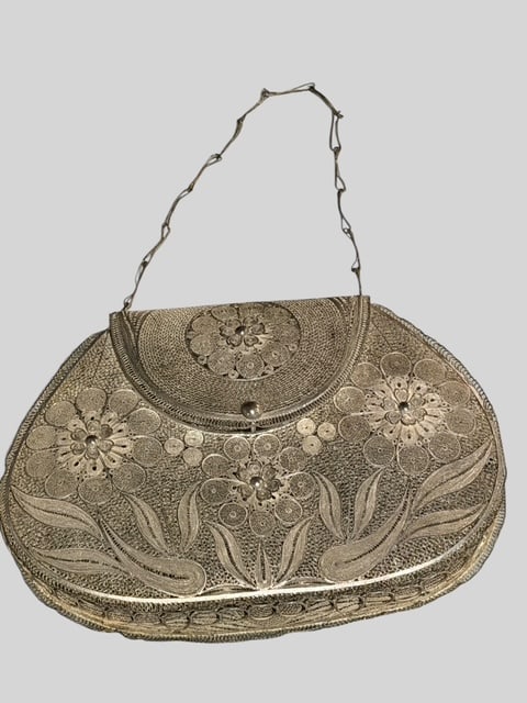 Vintage Fine Silver Filigree Floral Handbag Purse w Twisted Wire Handle (1 of 9)