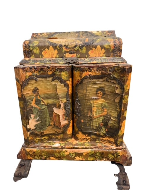 Victorian Floral Lithograph Gentleman’s Shaving Cabinet or Dressing Box: Antique Victorian tabletop gentleman's shaving cabinet or dressing box featuring colorful floral chromolithograph decoration accented with embossed composition trim and portrait panels. The cabinet op