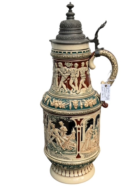 Antique German Relief Stoneware Beer Stein Pewter Lid Dated 1902 No. 601 (1 of 13)