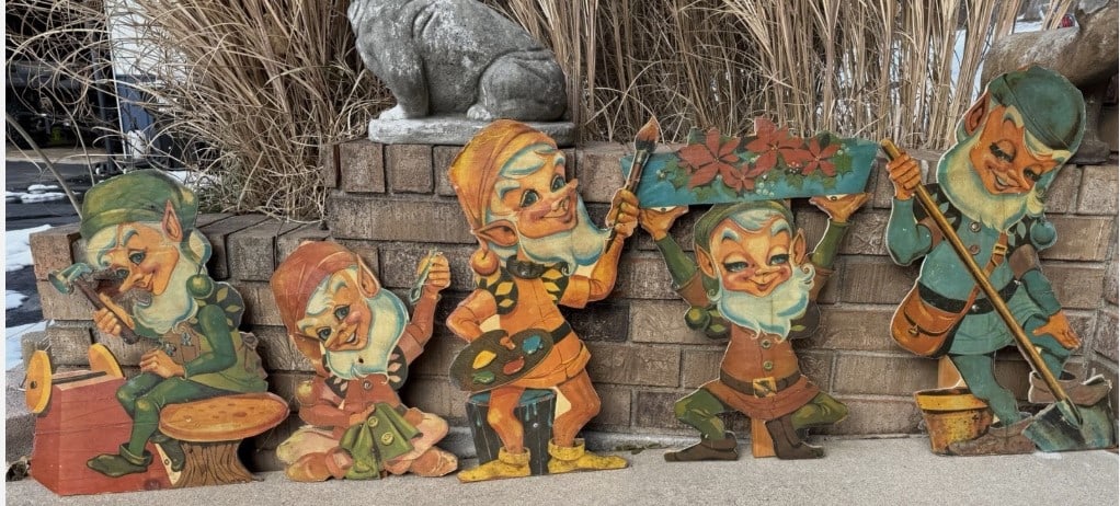 Complete Set of Five Vintage U-Bild Christmas Workshop Elves Lawn Displays, c. 1950s (1 of 3)
