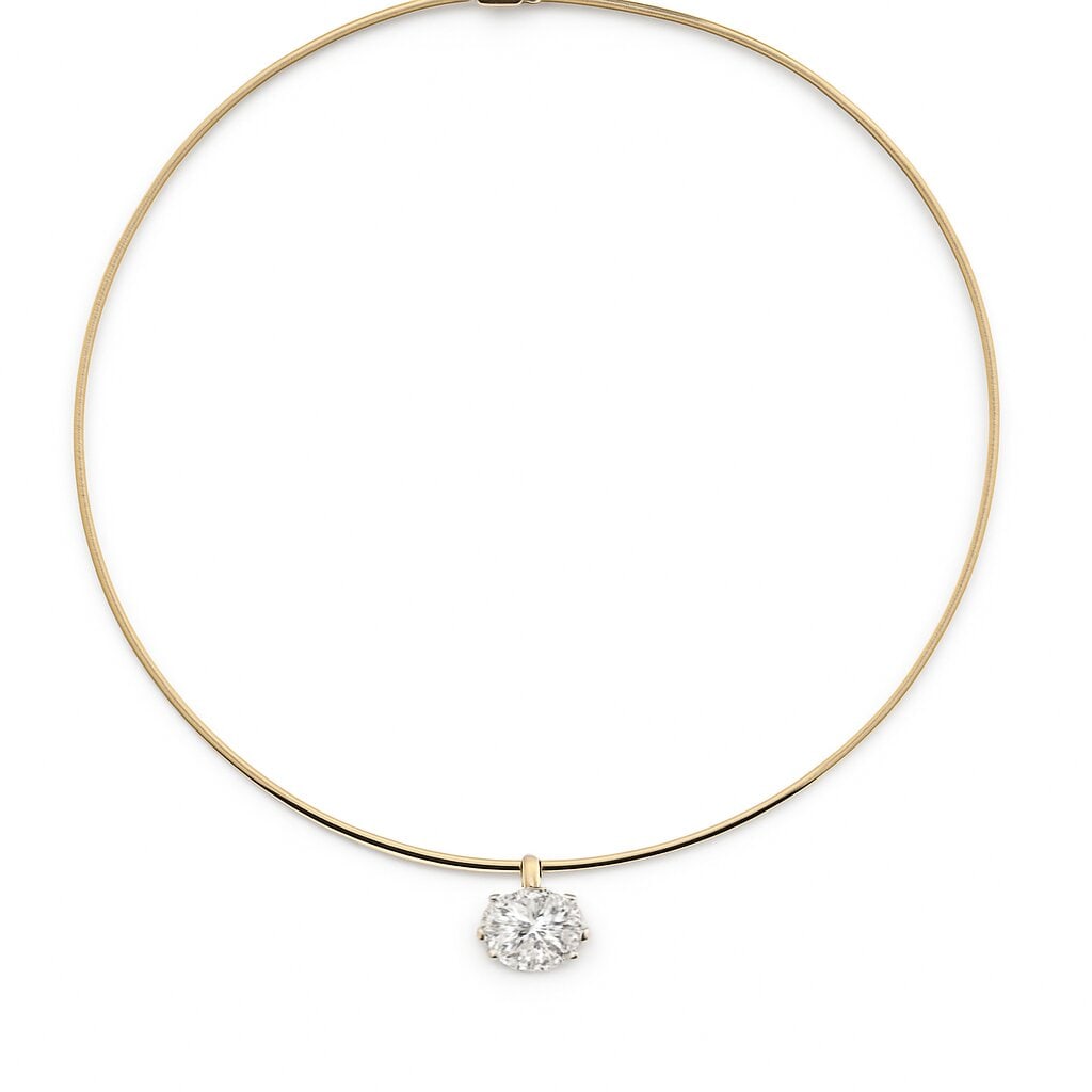 IGI Certified Lab Grown Oval Cut Wire Choker Necklace 4.20 Carats 14K: IGI Certified Lab Grown Oval Cut diamond weighing 4.20 Carats extended on an adjustable wire necklace in 14 Karat Yellow Gold. Color F Clarity VS