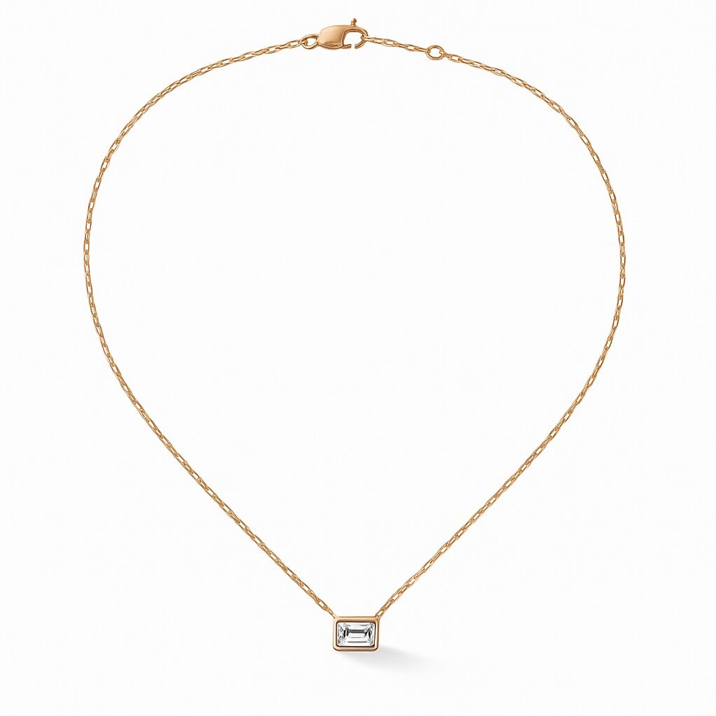 Lab Grown Solitare Emerald Cut Diamond Pendant Necklace 1.20 Carats E VS1: Lab Grown diamond pendant featuring one Emerald cut weighing 1.20 carats in a bezel setting, 14 Karat yellow gold. Color E Clarity VS1