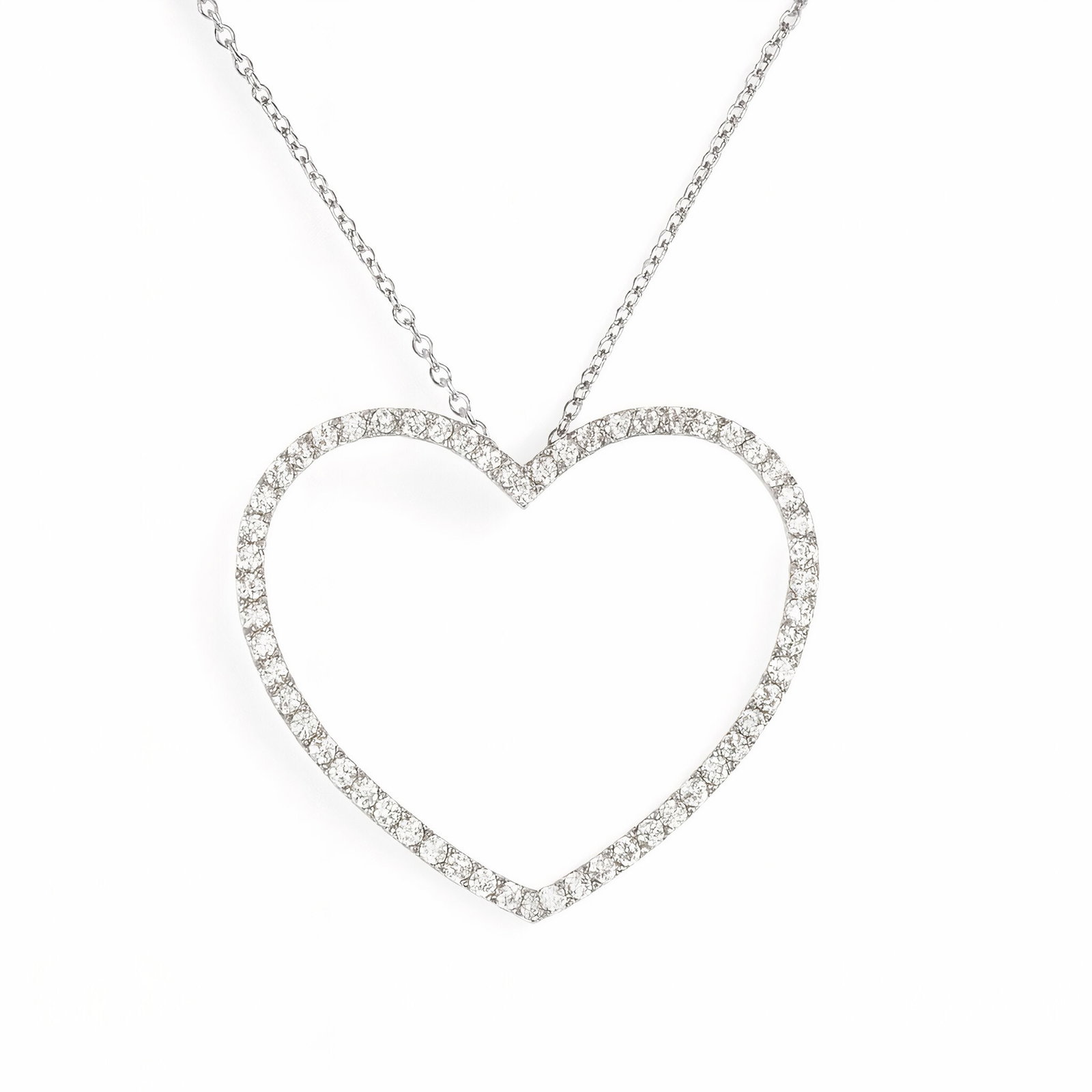 Lab Grown Diamond Heart Pendant Necklace 0.96 Carats 14K: Lab Grown diamond Heart pendant featuring 65 round brilliants weighing 0.96 carats, in 14 karat white gold. Color E-F Clarity VS1
