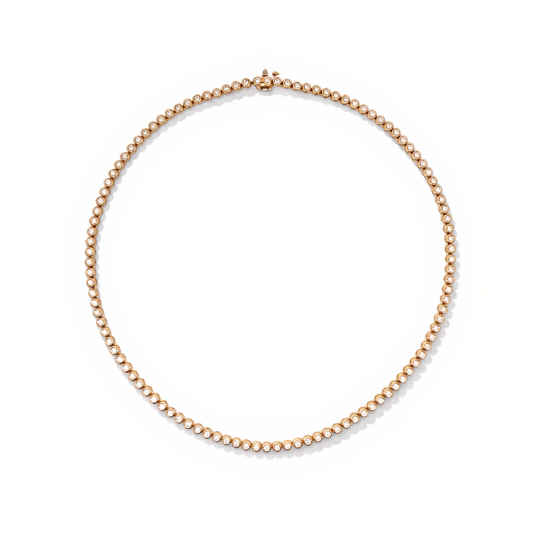 Lab Grown Straight Line Diamond Bezel Tennis Necklace 3.85 Carats 14K: Lab Grown tennis necklace featuring 107 Round Brilliants weighing 3.85 Carats in a bezel set, in 14 Karat Yellow Gold. Color E-F Clarity VVS2-VS1