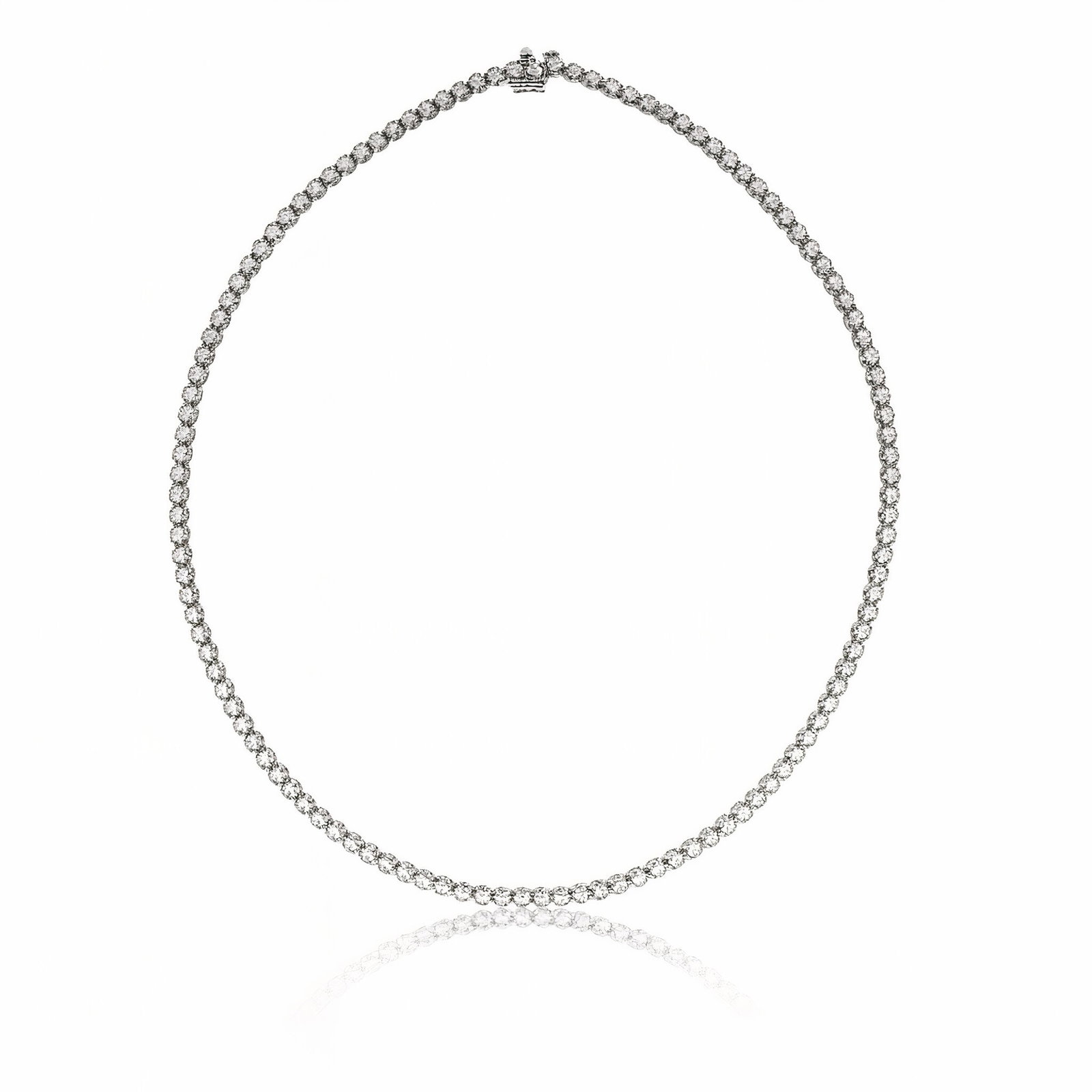 Lab Grown Diamond Tennis Illusion Setting Necklace 3.51 Carats 14K: Lab Grown Diamond Tennis Necklace featuring 121 Round Brilliants weighing 3.51 carats in an Illusion Setting, 14 Karat White Gold. Color E-F Clarity VVS2-VS1