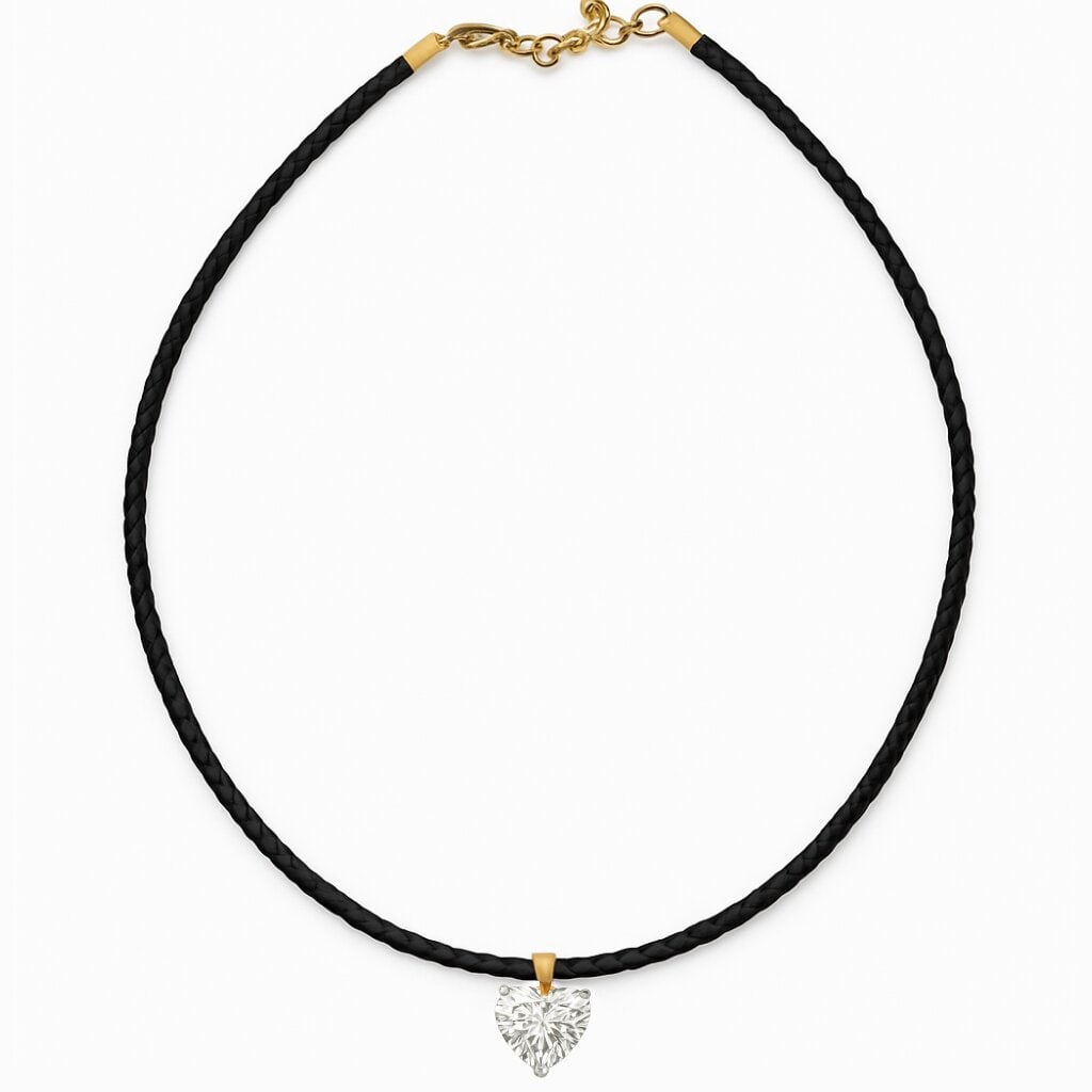IGI Certififed Lab Grown Heart Shape Diamond Choker Necklace 3 Carats: IGI Certified Lab Grown Necklace featuring a Heart Shape Diamond weighing 3 Carats on an extentable fabric choker, in 14 Karat yellow gold.