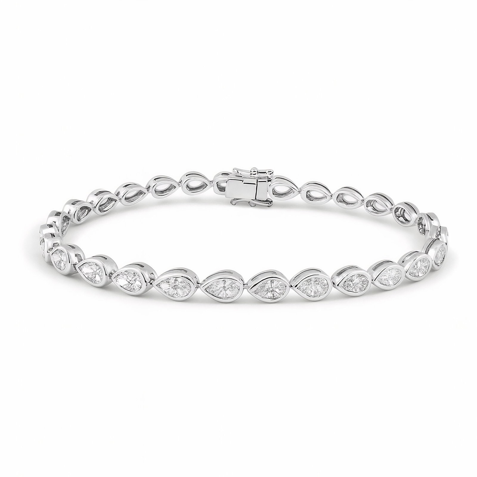 Lab Grown Pear Shape Bezel Tennis Bracelet 4.91 Carats 14K: Lab Grown Tennis Bracelet featuring 28 Pear Shape Diamonds in a Bezel Setting crafted in 14 Karat White Gold. Average Diamonds 0.18 Points Each. Color E-F Clarity VVS2-VS1