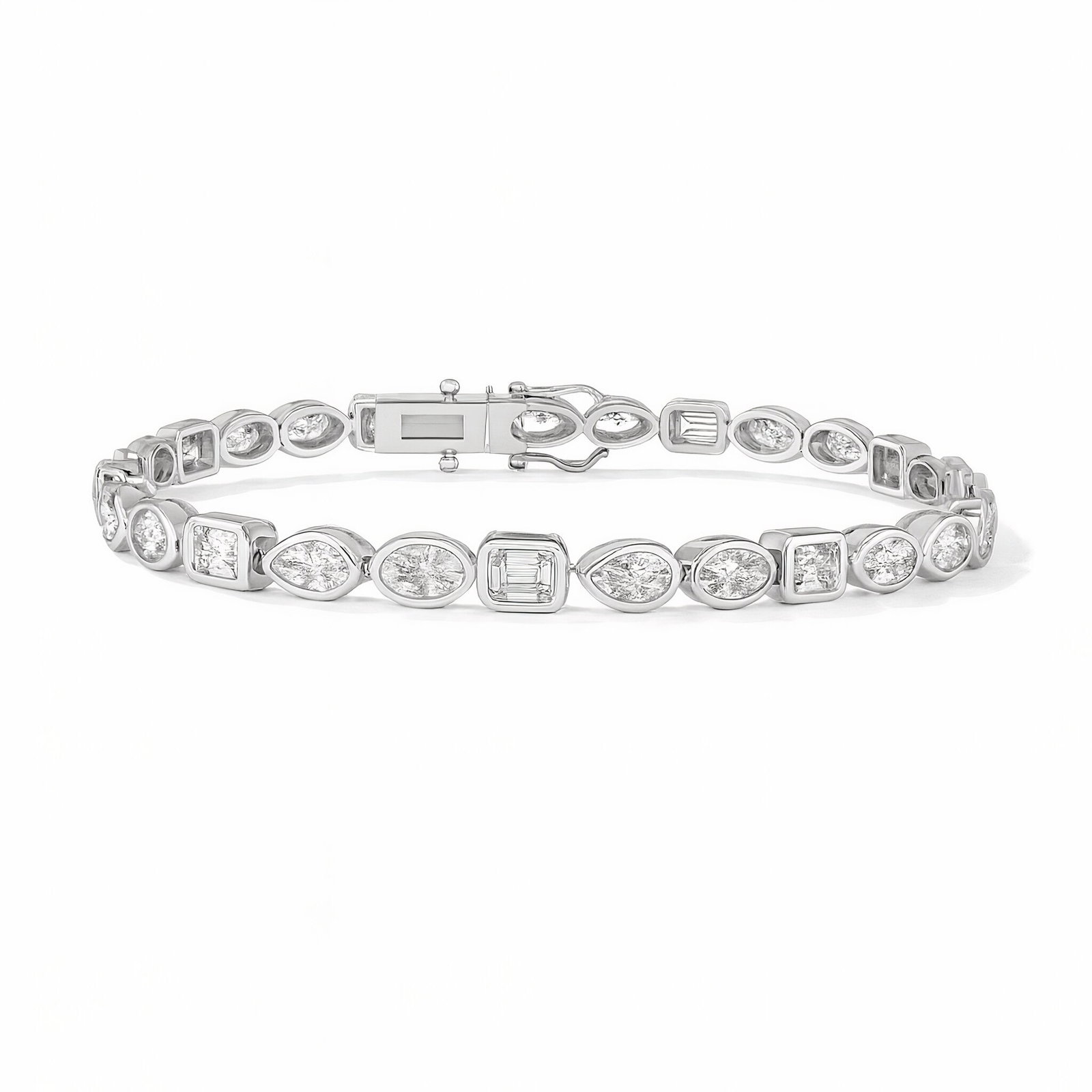 Lab Grown Multi-Shape Diamond Bezel Tennis Bracelet 5.70 Carats E-F VVS-VS1 14K: Multi-Shape Lab Grown Tennis Bracelet featuring Oval, Emerald, Pear, Marquise shapes weighing 5.70 Carats, in 14 Karat White Gold.