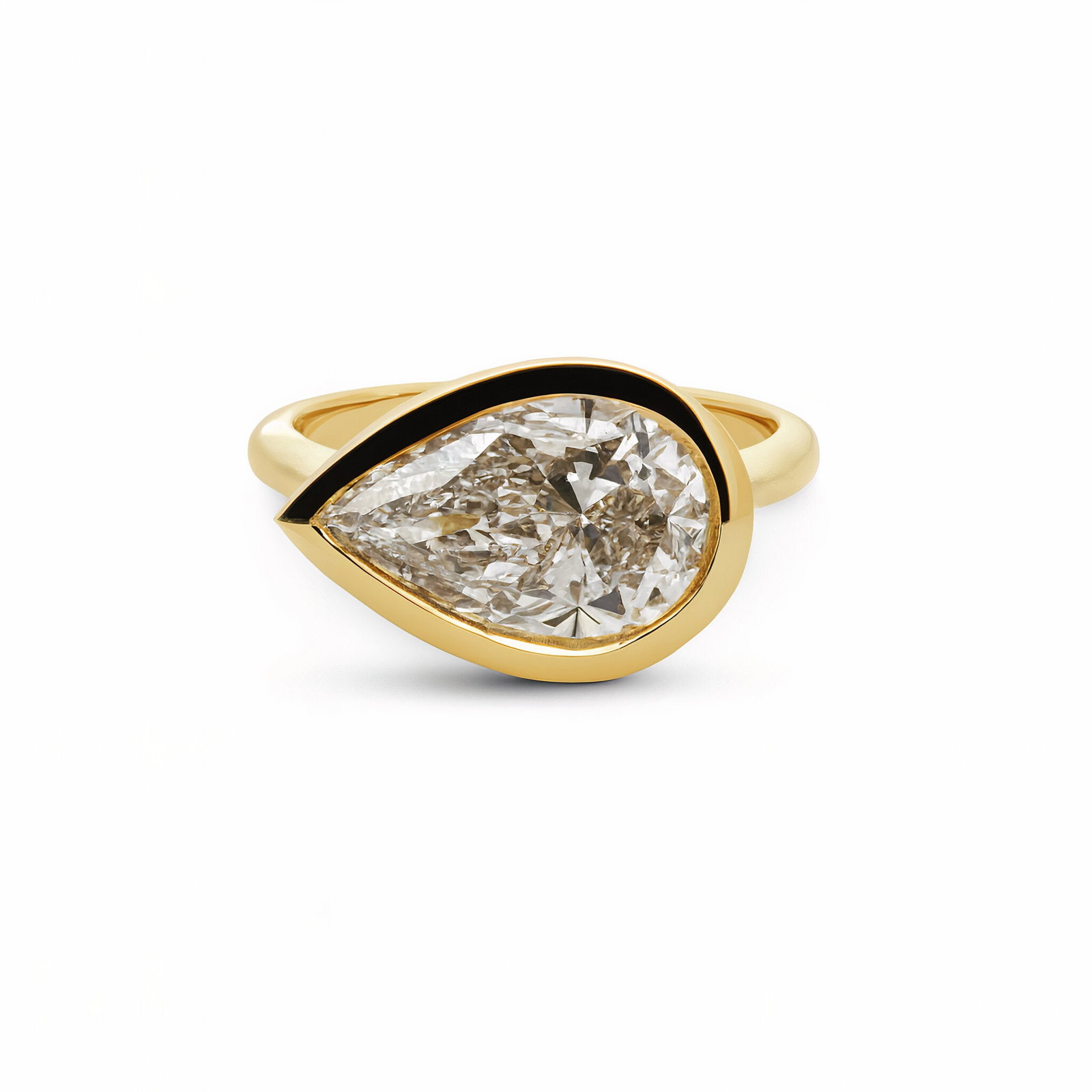 IGI Certfied Pear Shape Bezel Solitare Ring 3 Carats E VS1: IGI Certified Lab Grown Diamond ring feauting one Pear Shape, East-West style, in a bezel settings, crafted in 14 Karat Yellow Gold.