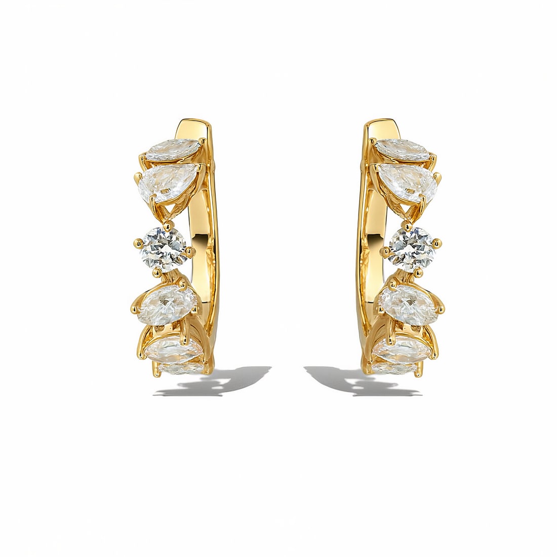 Lab Grown Multi-Shape Diamond Hoop Earrings 2.14 Carats E-F VVS-VS1 14K: Lab Grown Multi Shape Diamond Hoop Earrings featuring Marquise, Pear, Round Brilliant, Oval & Emeralds weighing 2.14 Carats in 14K Yellow Gold. Color E-F Clarity VVS2-VS1