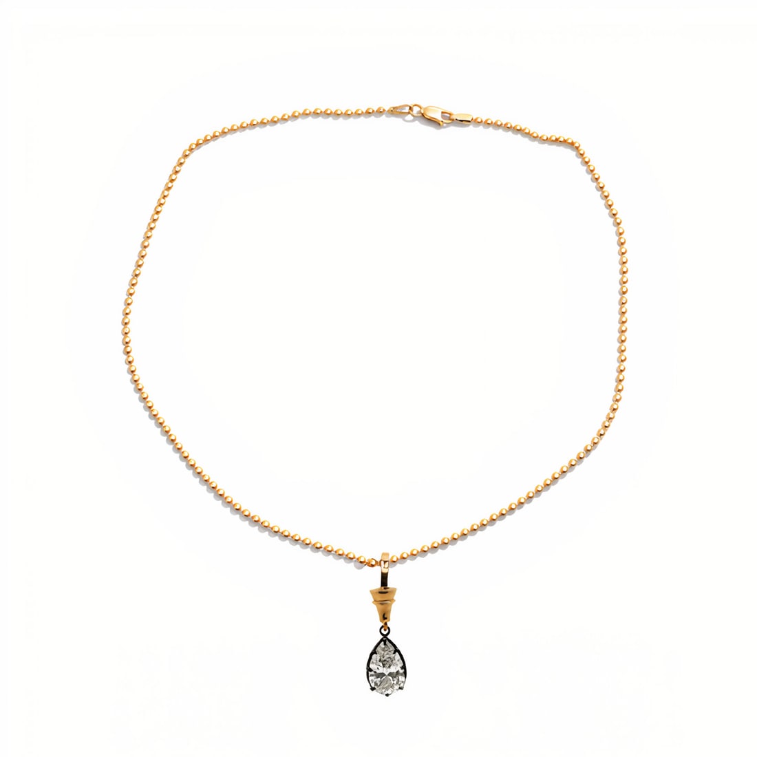 IGI Certified Lab Grown Pear Shape Diamond Bezel Pendant on Black Cord Necklace 3.50 Carats 14K: IGI Certified Lab Grown Pear Shape Pendant weighing 3.50 Carats in a Bezel Set Mounting extended on a Ball Motif Chain. Color D Clarity VS2