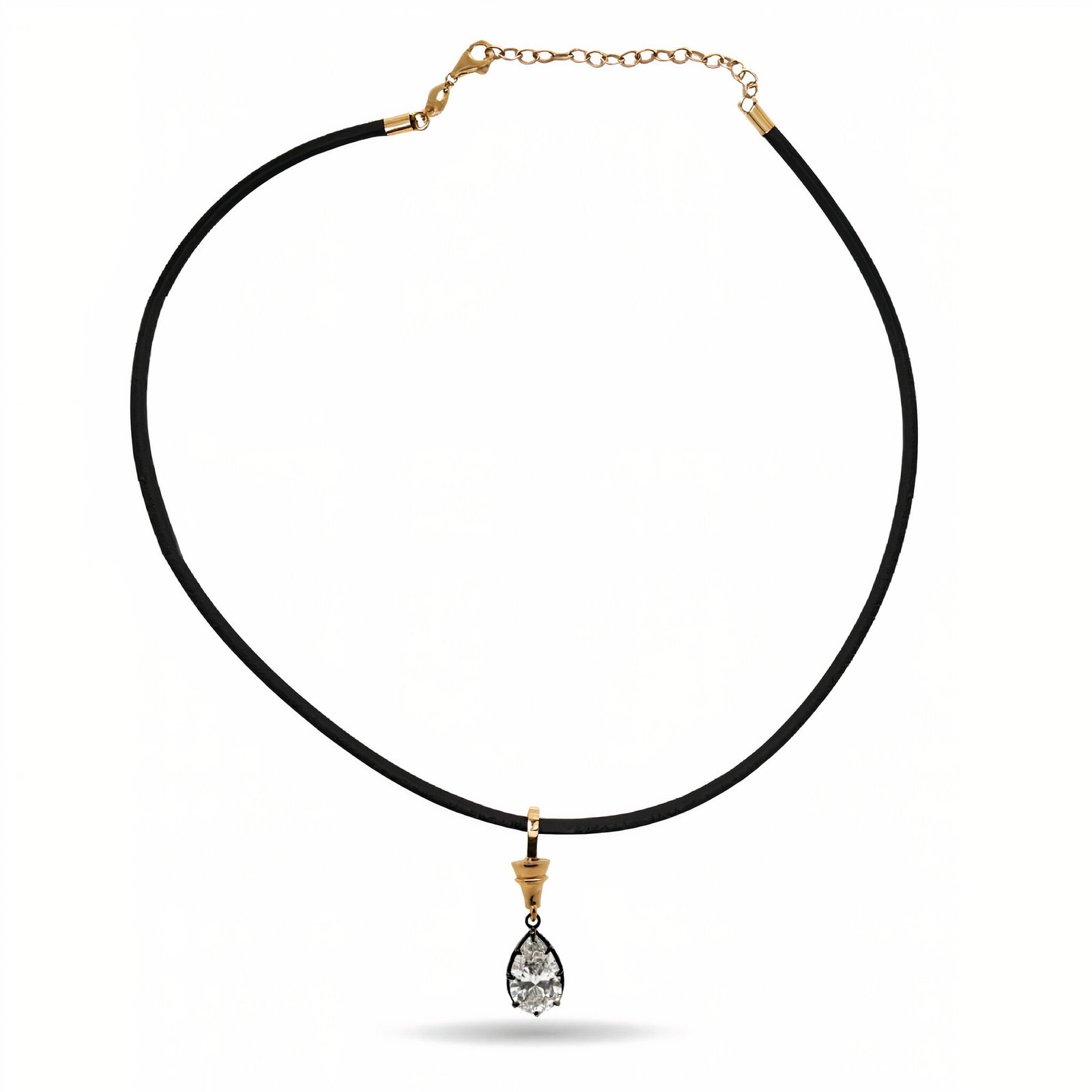 IGI Certified Lab Grown Pear Shape Diamond Bezel Pendant on Black Cord Necklace 3.50 Carats 14K: IGI Certified Lab Grown Pear Shape Pendant weighing 3.50 Carats in a Black Rhodium Bezel Mounting on a Black Cord, 14K. Color E Clairty VS1